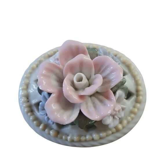 Vintage Basket Shaped Floral Trinket Box Open Weave Lattice Porcelain Gift - Picture 5 of 11